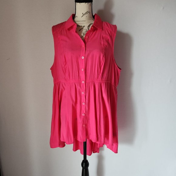 Torrid Babydoll Poplin Button-Front Hi-Low Shirt Sleeveless Pink - Picture 2 of 12